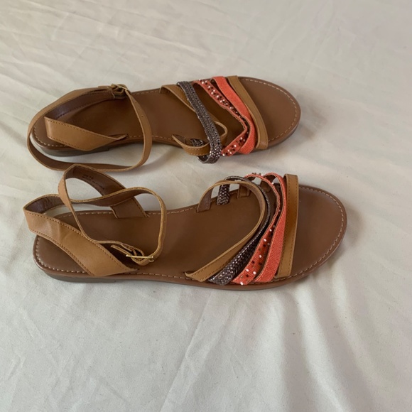 Women’s American Eagle, Brown & Gold Strappy Beaded Sandals W/Ankle Strap sz‎ 10 - Picture 2 of 5